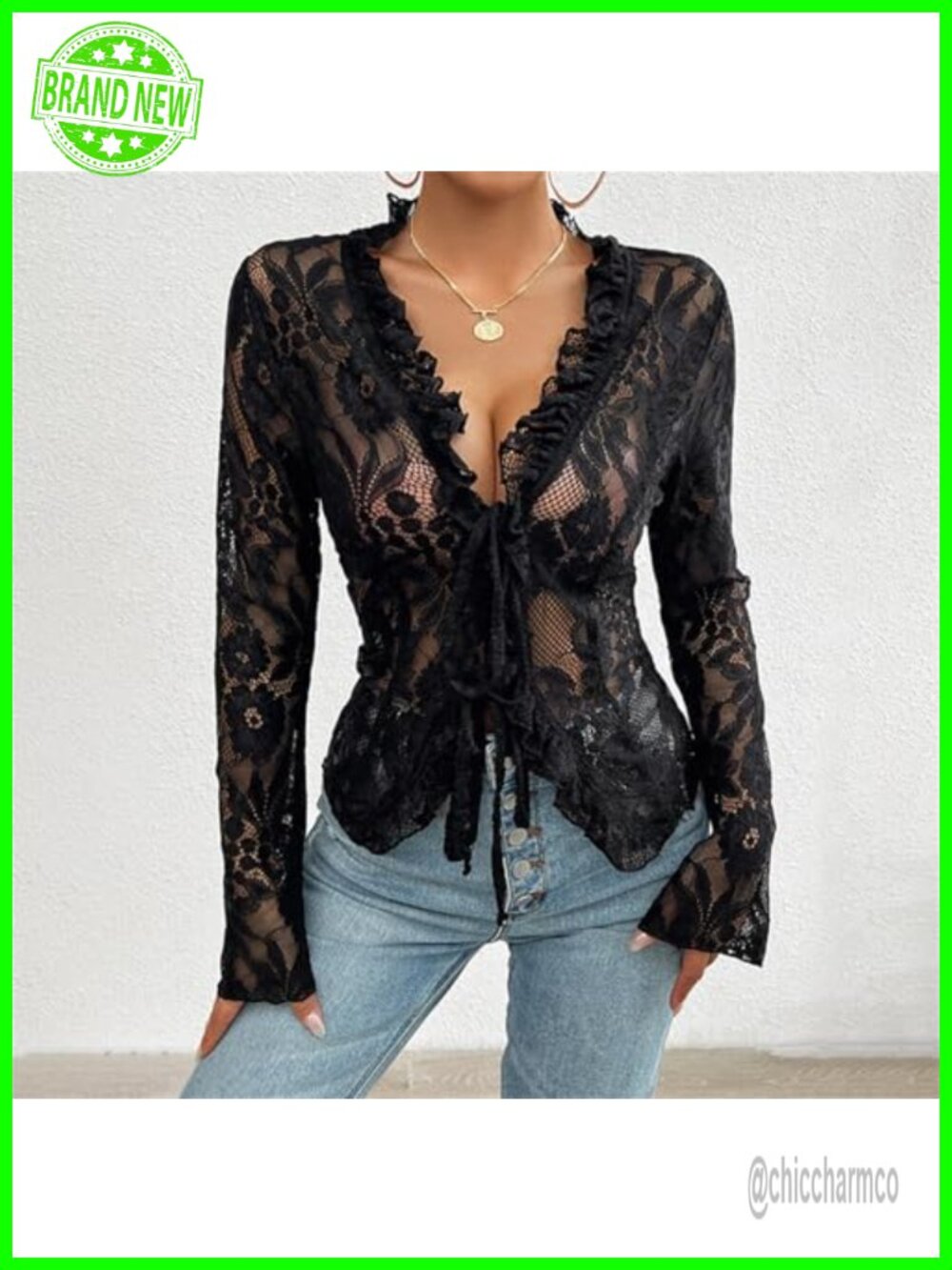 Y2K Sexy Open Front Tie Long Sleeve Ruffle Trim See Through Mesh Crop Top - Picture 2 of 6